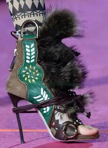 Thin High Heel Peep Toe Design Fluffy Sandals Women Fashion Strap Ankle Feather Sandals Zip Summer Show New Shoes Embroidery