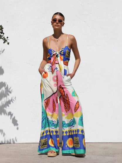 Spring Summer Print Spaghetti Strap Jumpsuits Women Fashion Sexy Hollow Out Leace-up High Waist Wide Legs Jumpsuit Bohemian New