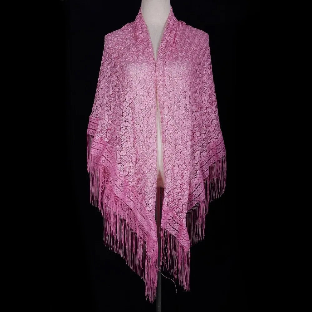 Versatile 140×140cm Lace Shawl Elegant Hollowed-out Design Knitted Shawl Breathable Tassel Shawl for Women