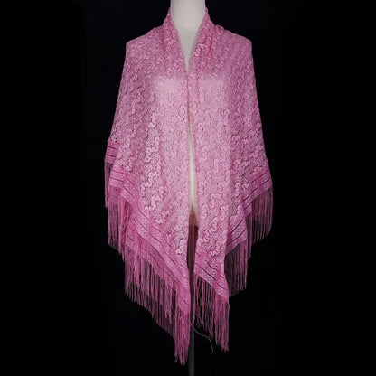 Versatile 140×140cm Lace Shawl Elegant Hollowed-out Design Knitted Shawl Breathable Tassel Shawl for Women
