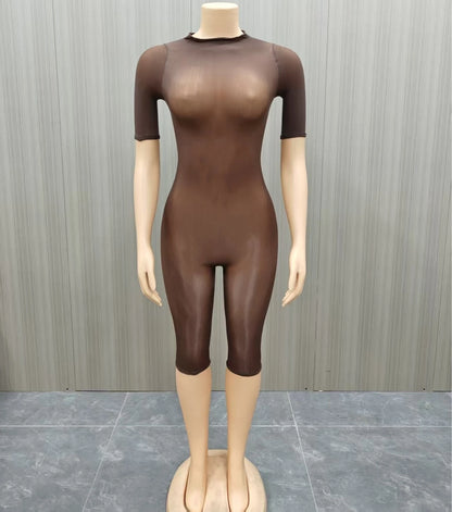 FLARORA Sexy Mesh See Through Rompers Woman Trend O Neck Short Sleeve Skinny Peach Hip Playsuits Stretch Midnight Party Clubwear
