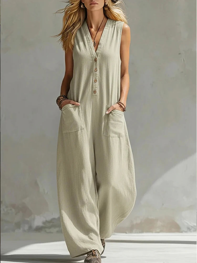 Women Casual Sleeveless V Neck Jumpsuit Button Wide Leg Cotton Linen Long Pants Romper Loose Baggy Summer Streetwear Outfits