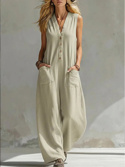 Women Casual Sleeveless V Neck Jumpsuit Button Wide Leg Cotton Linen Long Pants Romper Loose Baggy Summer Streetwear Outfits