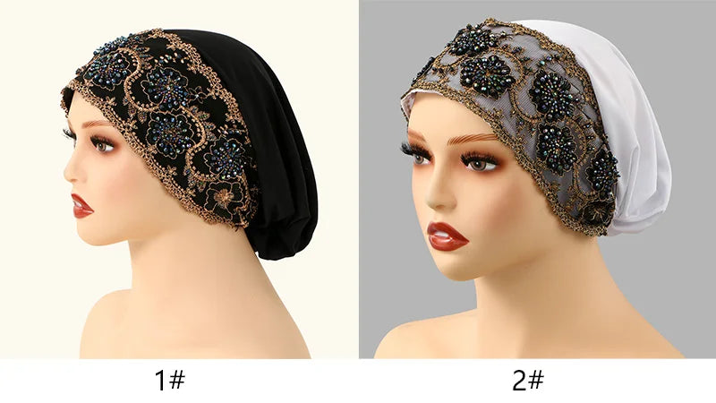 Luxury Embroidery Lace Turban Cap Muslim Women Floral Rhinestone Modal Head Cover Hat Islamic Headwear Bonnet Female Head Wraps