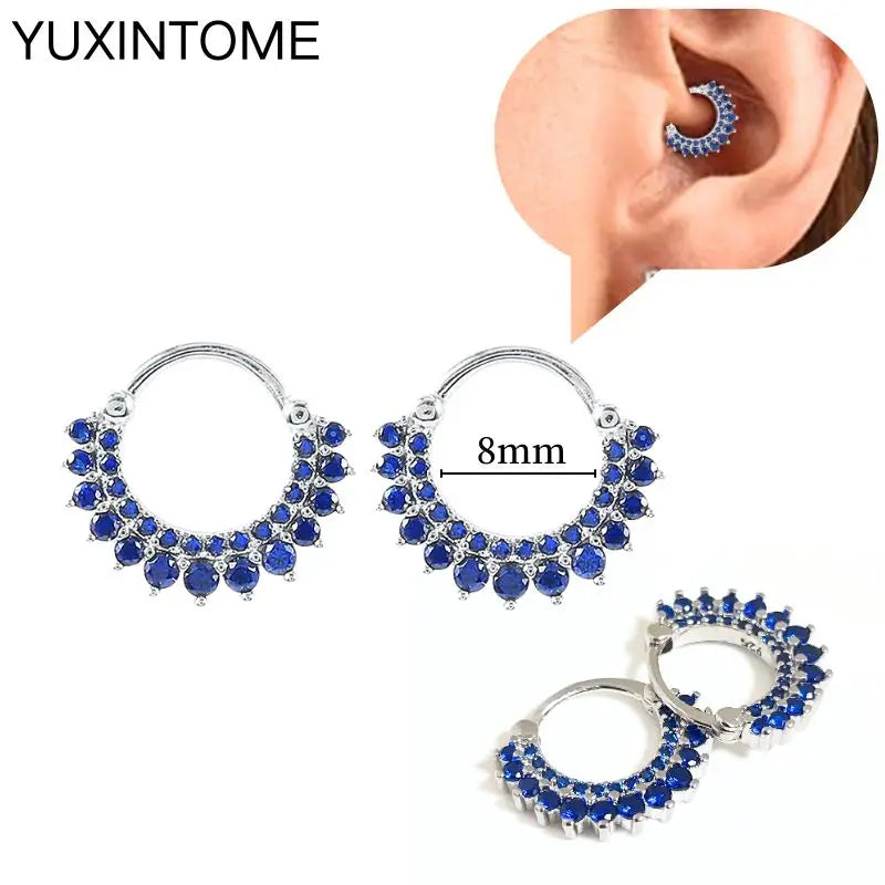 925 Sterling Silver Needle Dark Blue Crystal Silver Earrings Women's Exquisite Heart Blue Pendant Hoop Earrings Luxury Jewelry