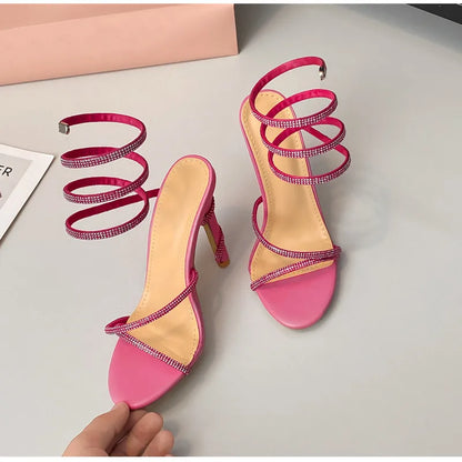 Luxury Crystal Snake Coiled Women Sandals Sexy Narrow band Thin High heels Wedding Party Female Gladiator Sandals Summer Shoes