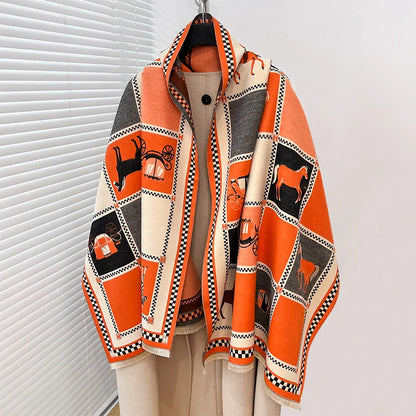 Luxury Warm Poncho Cashmere Winter Women Scarf Horse Print Shawl Wraps Female Thick Pashmina Blanket Bufanda Travel Echarpe 2024