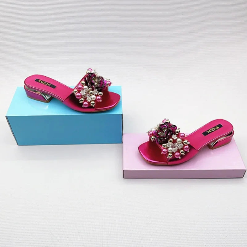 Women Purple Block Heels 3cm Slippers To Match Shoes And Bag Crystal Flowers High Heeled Slides For Summer Fashionable Shoes 43