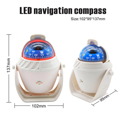 For Boat Yacht Car Waterproof Navigation Compass With Electronic LED Light White/Black Marine Sea Pivoting Marine Compass