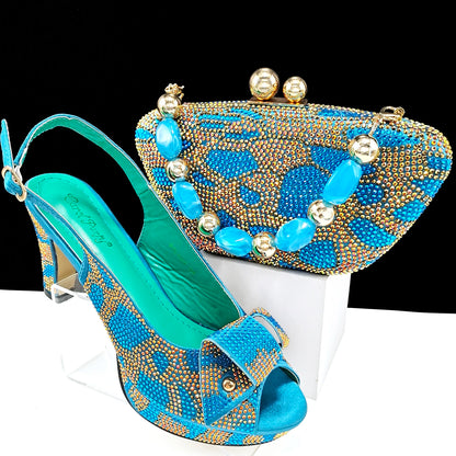 Nigerian Fashion Design Girly Style Party Shoes And Bag Sexy High Heels And Full Diamond Dual Purpose Mini Bag Women's Shoes