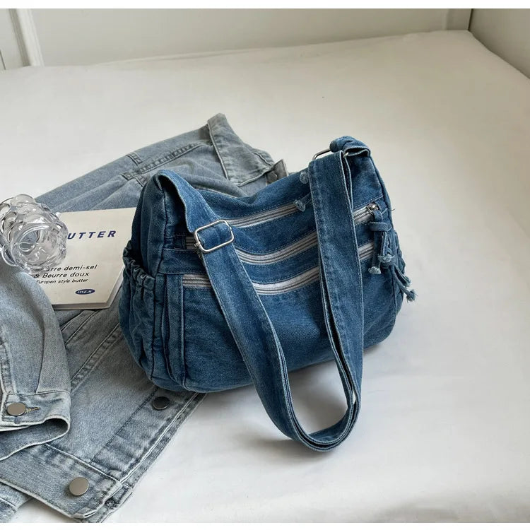Vintage Denim Women's Shoulder Bag Large Capacity Messenger Bag Multi-pockets Satchel Bags Adjustable Strap Ladies Crossbody Bag