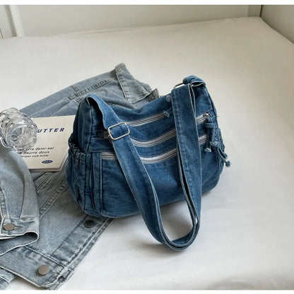 Vintage Denim Women's Shoulder Bag Large Capacity Messenger Bag Multi-pockets Satchel Bags Adjustable Strap Ladies Crossbody Bag