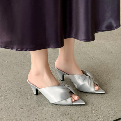 Women's Summer Sandals Luxury Satin Elegant Lady Pumps And Heels Peep Toe Dresss Party Wedding Shoes Pleated Sandal