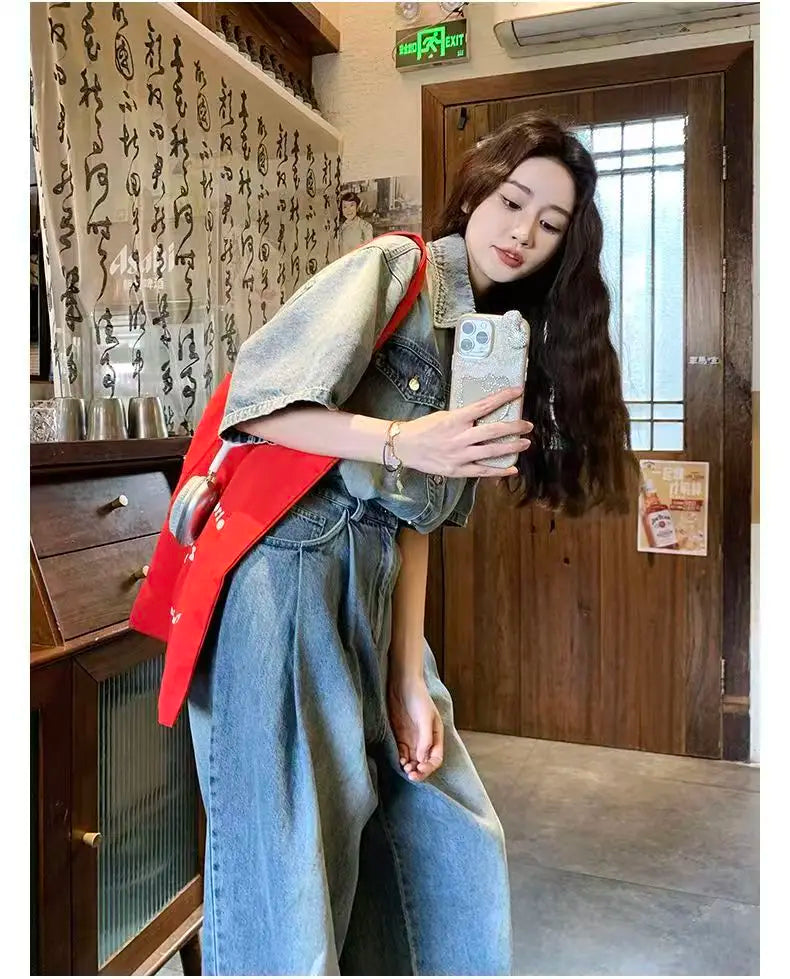 Denim Vintage Jumpsuits Women Single Breasted Button Design Turn-down Collar Long Sleeve Romper Solid Pockets Overalls