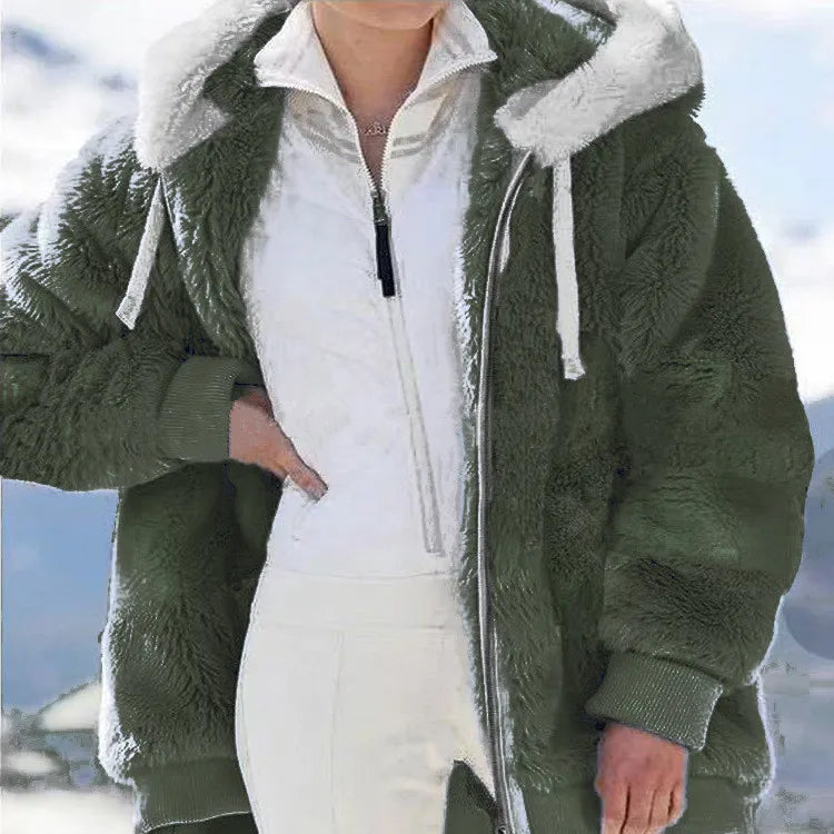 Women's Plush Hooded Drawstring Coat Autumn Winter Fashion Casual Zipper Long Sleeve Pocket Solid Color Ladies Jacket