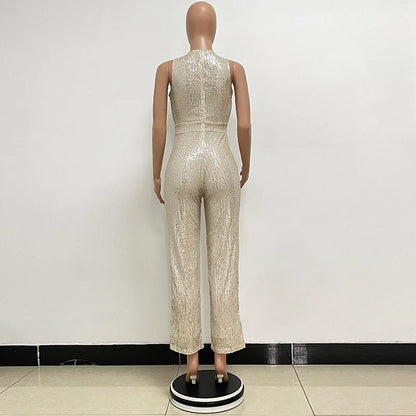 Bling Bling Sequined Club Jumpsuit Sexy Women O-neck Elegant Shiny Sliver Gold Sequins Straight Romper Overalls