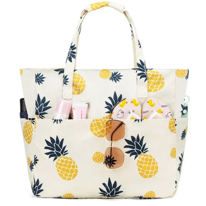 Kabaqoo Women's Large Capacity Beach Tote Bag Oxford Cloth Waterproof Striped Travel Bags Multi-pocket Foldable Top-Handle Bags