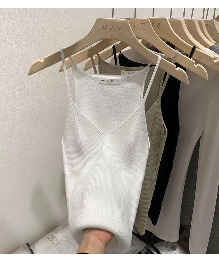 2026 Women Summer Style Sleeveless Vest Solid Color Slim Fit V Neck Knitted Top Fashionable Versatile Base Layer Knit Tank Tops