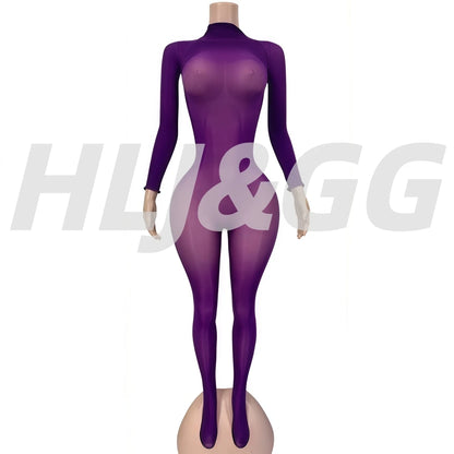 HLJ&GG Sexy Mesh See Through Bodycon One Piece Jumpsuits Women O Neck Long Sleeve Stretchy Overall Lady Party Clubwear Playsuits