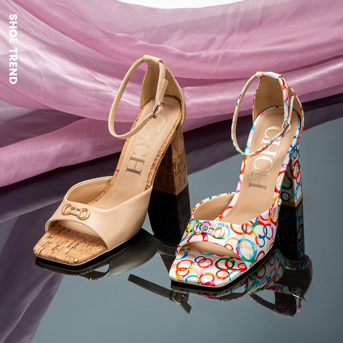 2024 Fashion High Heels Women's Luxury Design Sandals Metallic Flower Square Toe Fine Heel Party Dress Shoes High Heels