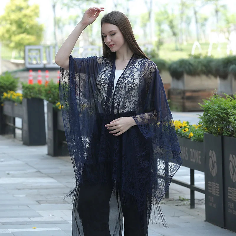 New Leakage Cardigan Shawl Lace Tassel Women's Fashion Versatile High-End Solid Color Hollow Tourism Vacation Beach Cape Sunscre