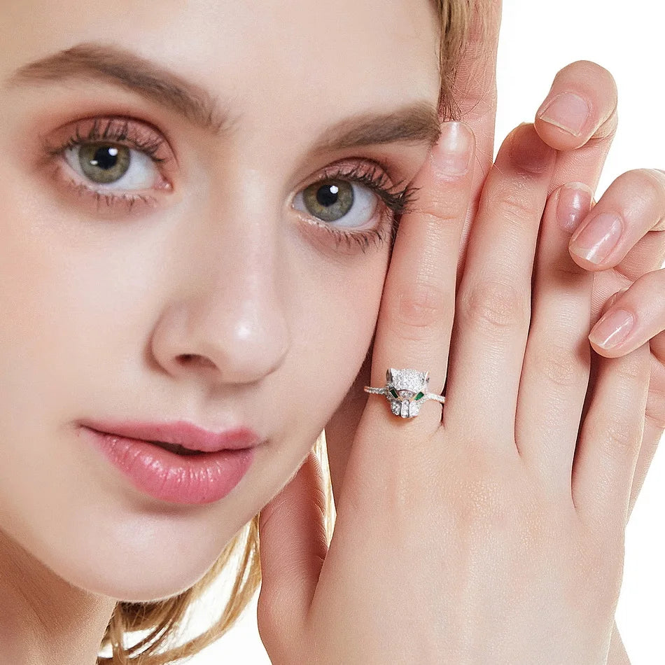 ALLNOEL 925 Sterling Silver Open Rings For Women Hollow Leopard Head Ring Animal Sparkling Cubic Zirconia Jewelry Gifts Hip Hop