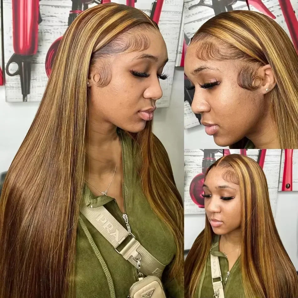 4/27Highlight Straight Lace Front Wig Human Hair 13x6 Lace Frontal Wigs Brazilian Honey Blonde Colored Wigs Remy 100% Human Hair