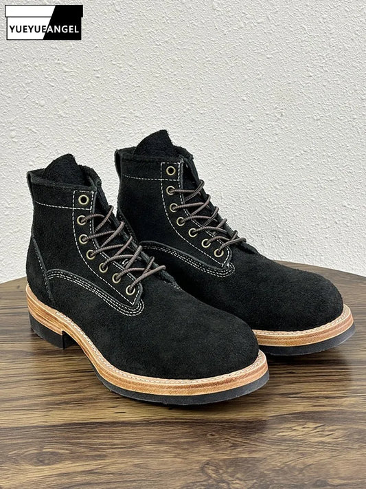Mens Real Cow Suede Leather Work Safety Ankle Boots Round Toe High Top Shoes Vintage Lace Up Motorcycle Biker Riding Boots 47