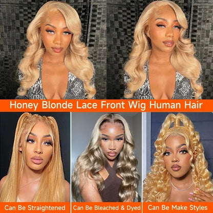 13x6 HD Body Wave Honey Blonde Lace Front Human Hair Wig For Women Colored #27 13x4 Transparent Lace Frontal Wigs Pre Plucked