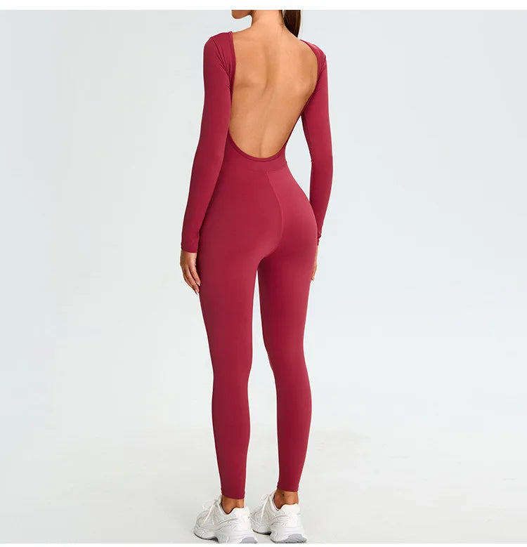 New Summer Sexy V Back Gym Sports Jumpsuit Yoga Clothes Rompers Women Long Sleeveles Workout Bodysuits Backless One-piece Suit