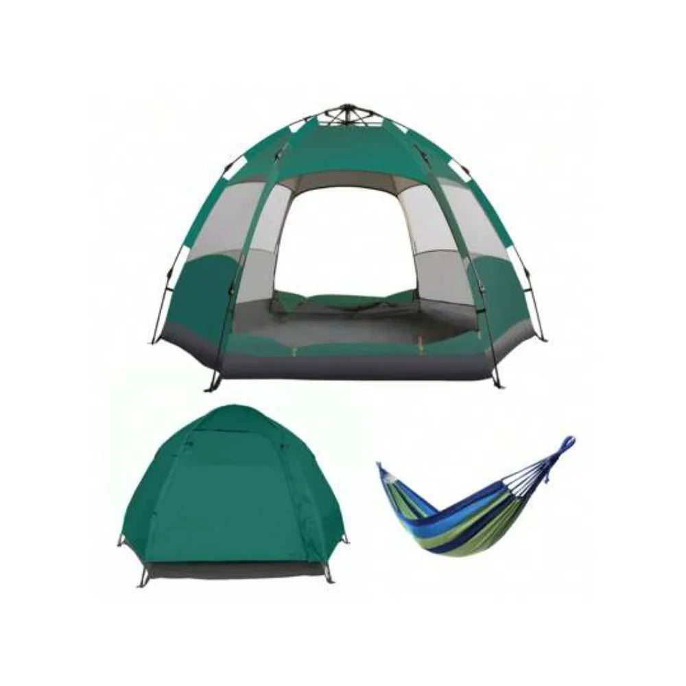 Automatic Pop Up Camping Tent for 3 4 Person Waterproof UV Protection Instant Setup Includes Hammock Picnic Mat Inflatable Pillow Breathable Portable Family Shelter for Beach Fishing Hiking Travel Outdoor