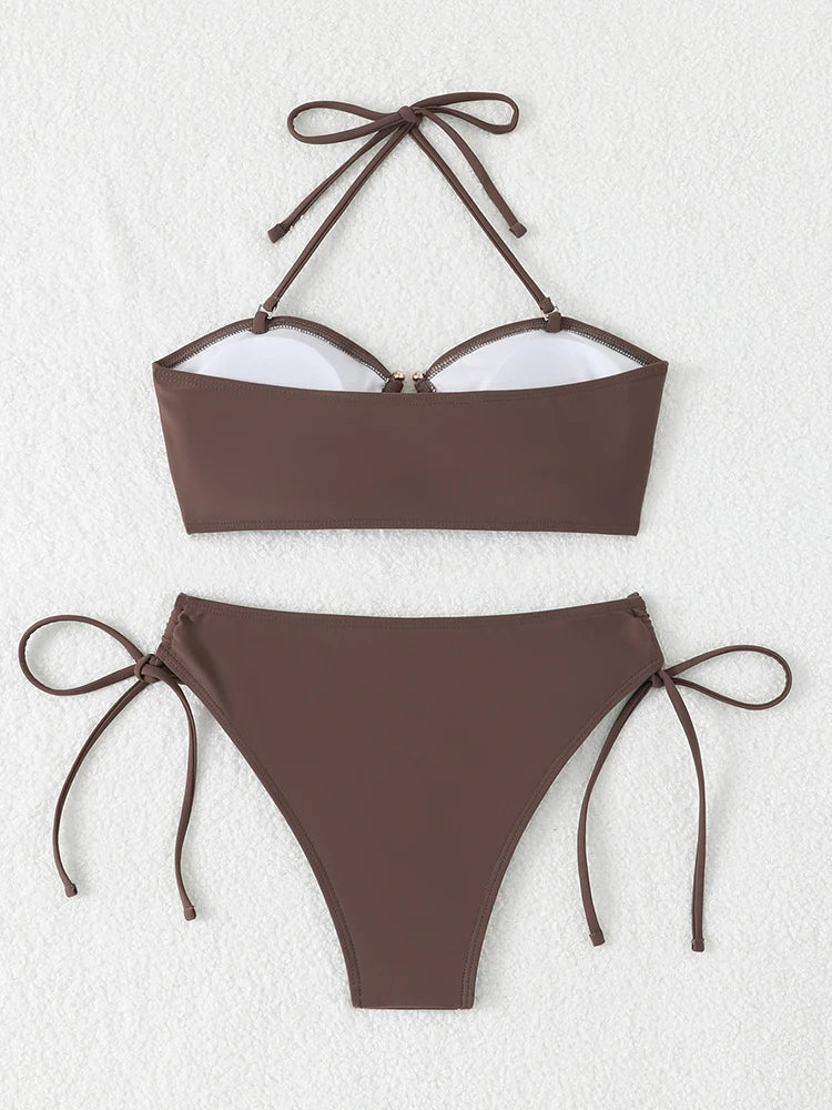 High Waist Bikini Women's Swimsuit 2026 Knotted Bathing Suits Woman Swimwear Bandeau Push Up Bikinis Sets Brazilian Beach Wear