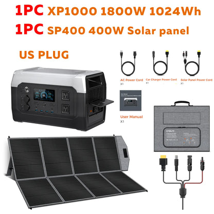 CTOLITY XP1000 1800W Portable Power Station 1024Wh 320000mAh LiFePO4 Battery with 400W Foldable Solar Panel Solar Generator for RV Off-Grid Outdoor Camping Emergency Power Supply