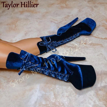 Velvet Super High Heel Ankle Boots Sexy Side Zipper Lace-Up Nightclub Thick-Soled Ankle Boots Elegant Catwalk Pole Dance Boots