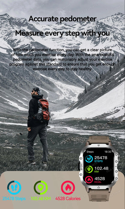 2026 New Military Smart Watch Men 3ATM Outdoor Sports Fitness Tracker Blood Pressure Health Monitoring BT Call GPS Smartwatch
