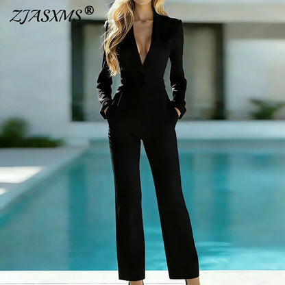 Women High Waist Straight Leg Jumpsuits Solid Lapel Deep V Neck Long Sleeve Button Pockets Romper Formal Office Evening Playsuit