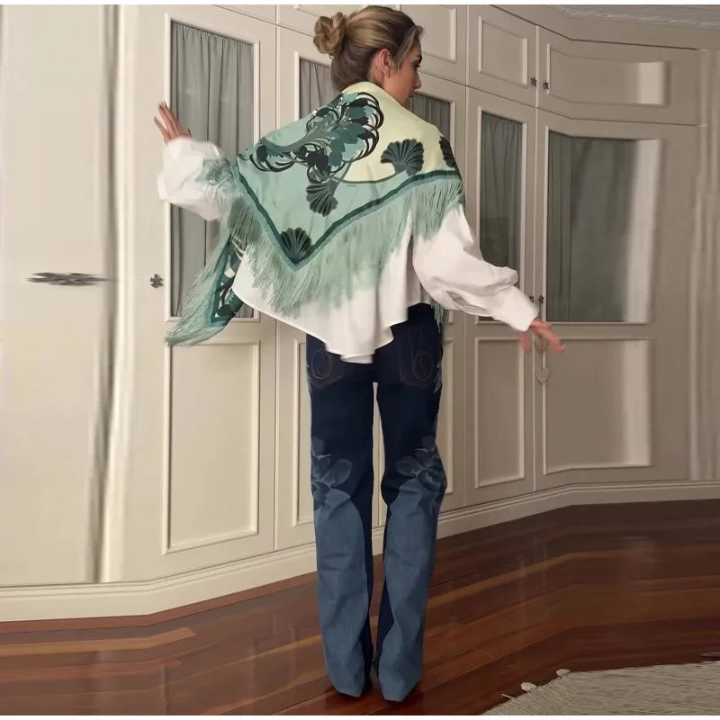 Fashion Vintage Printed Tassel Square Scarf Women Fringe Patchwork Shawl Waist Seal Accessories 2026 Spring Summer Street Shawls
