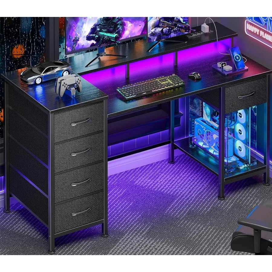 Gaming Computer Desk with Power Outlets, LED, 5 Drawers