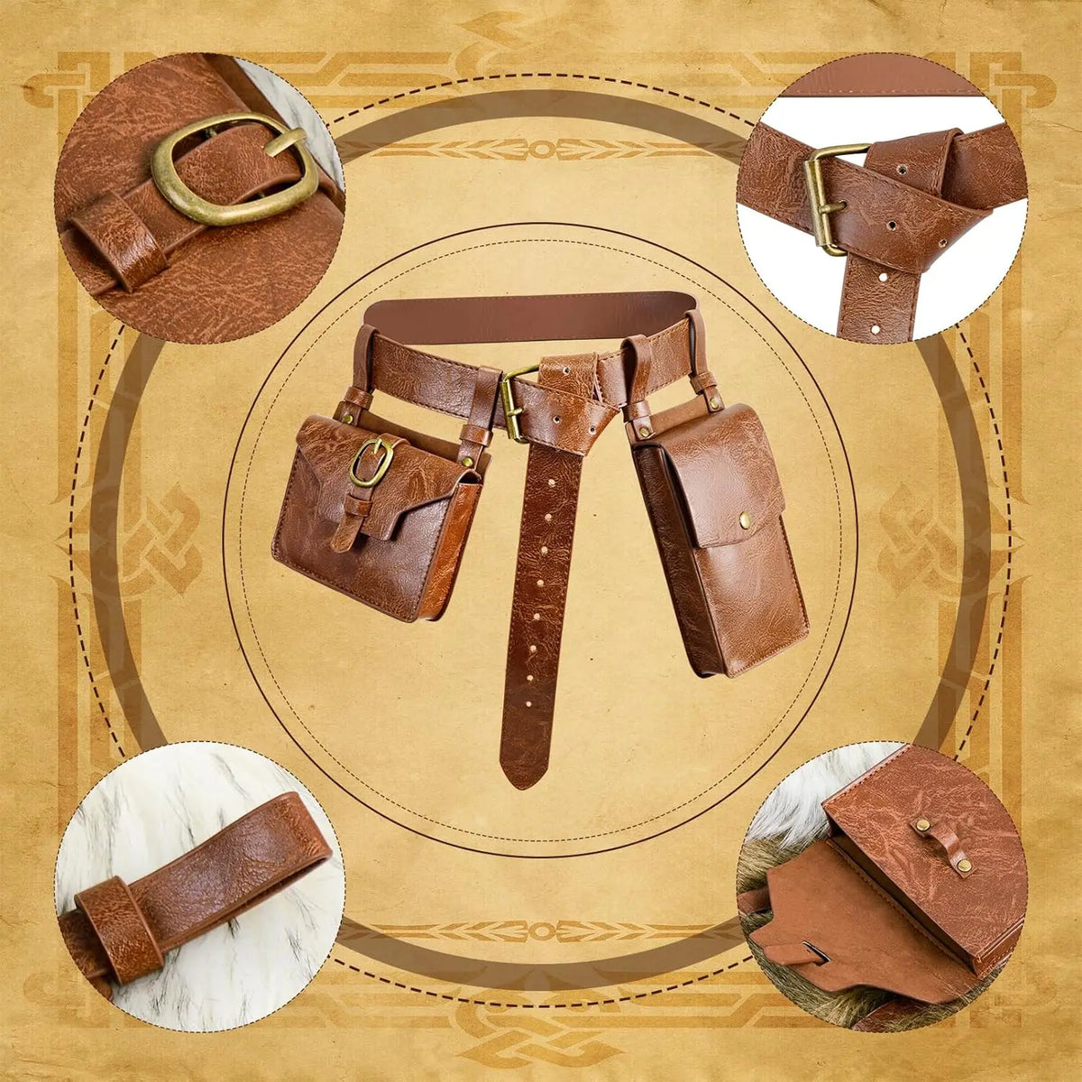 3pcs Medieval PU Leather Belt/Waist Pack Set for Men and Women, Steampunk Phone Clip, Viking Role Playing and Renaissance Activi