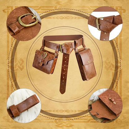 3pcs Medieval PU Leather Belt/Waist Pack Set for Men and Women, Steampunk Phone Clip, Viking Role Playing and Renaissance Activi