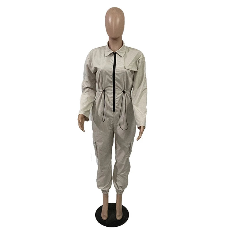 Fashion Cargo Jumpsuits Autumn Clothing Women 2026 Full Sleeve Zip Up Pockets Long Rompers Playsuits One Pieces Overalls Outfits