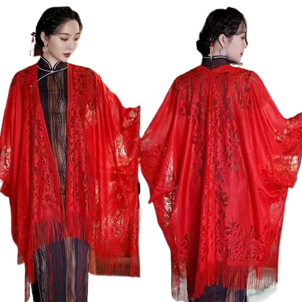 Ethnic Style Chinese Dress Shawl Elegant Design Versatile Use Long Fringed Scarf Warm Material Fringed Edge Velvet Scarf