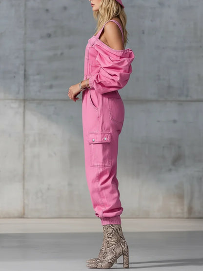 2026 Spring Vintage Denim Jumpsuit Woman Solid Zipper Off-shoulder High Wait Loose Cargo Pants Romper Long Sleeve Overalls