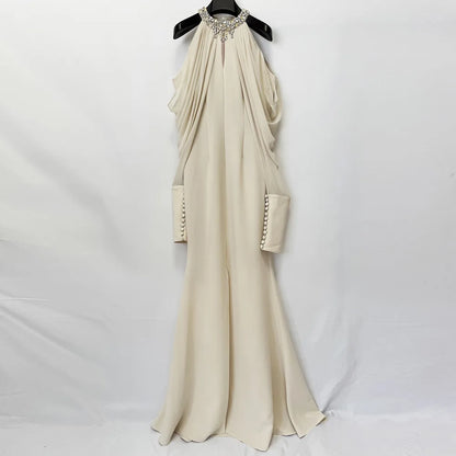 Fashionable wedding socialite long dress, evening gown, women's dress, celebrity studded diamond long sleeve party dress