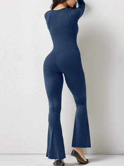 Foreign Trade Women's Long Sleeved Waist Cinching and Waist Lifting Square Collar Wide Leg High Elastic Jumpsuit