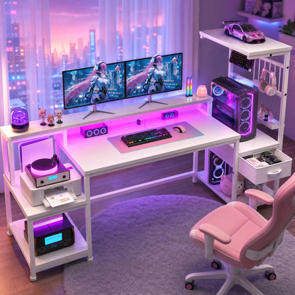Computer Desk With Drawer, Office Desk With Printer Storage Shelves & File Cabinet, Gaming Desk With LED & Power Outlet, Study Table With Monitor Shelf For Home Office Dorm BedRoom Rustic Brown