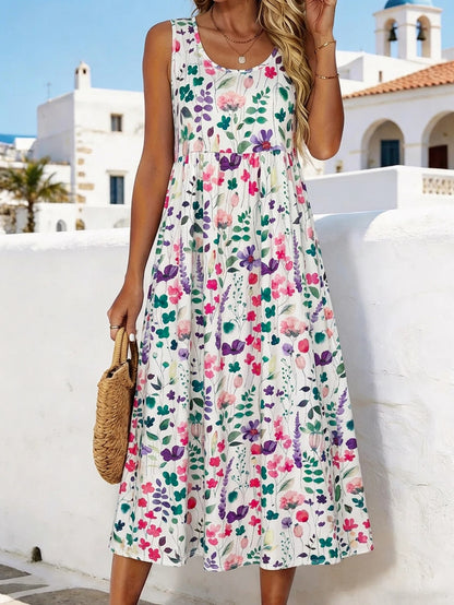 Women's Watercolor Floral Print Sleeveless Midi Dress Summer Casual Round Neck A Line Flowy Sundress
