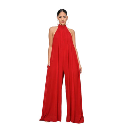 2026 New Women's Solid Chiffion Loose Halter Jumpsuits Sexy Backless Wide Leg Pants Rompers Fashion Party Elegant Women Clothing