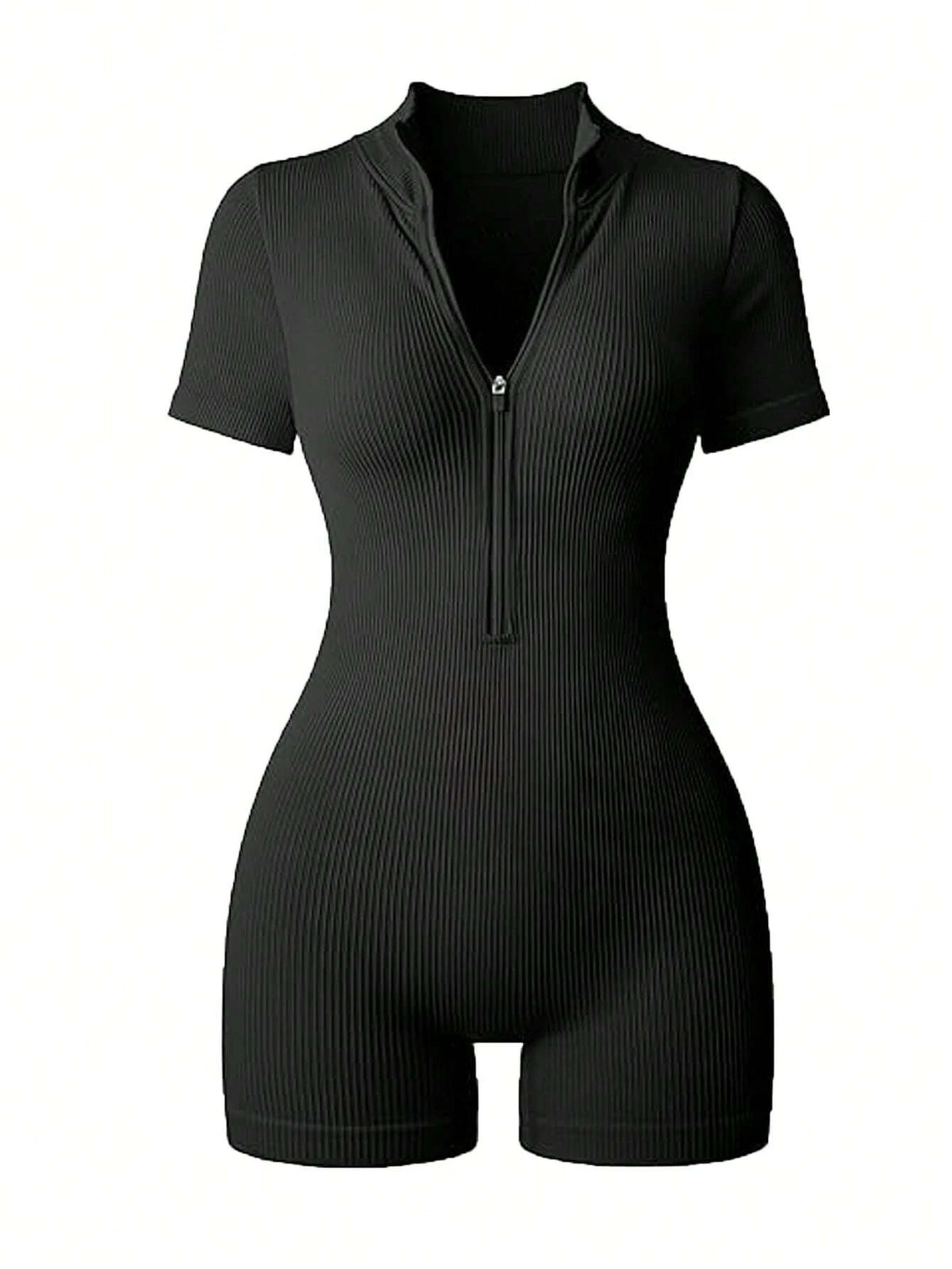 Women's Solid Color Half Zip Ribbed Knit Short Sleeve Romper Sports Soft Slim Fit Mock Neck Jumpsuit Streetwear 2025 Summer