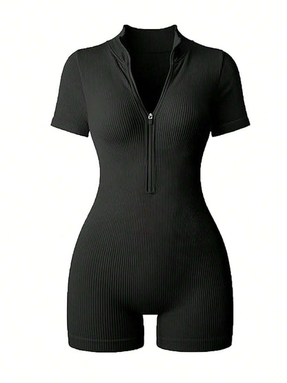 Women's Solid Color Half Zip Ribbed Knit Short Sleeve Romper Sports Soft Slim Fit Mock Neck Jumpsuit Streetwear 2025 Summer